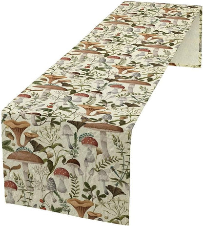 Mushroom Table Runner,Vintage Forest Flower Plant Print Table Runner for Kitchen Dining Table Home Party Decoration 13x120 Inch