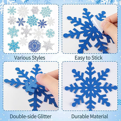 Winter Snowflake Cutouts - Glitter Paper Snowflake Decorations - 100Pcs Blue & Silver Double-Side Christmas Cutouts for Holiday Winter Wonderland Bulletin Board, Frozen Party Decor