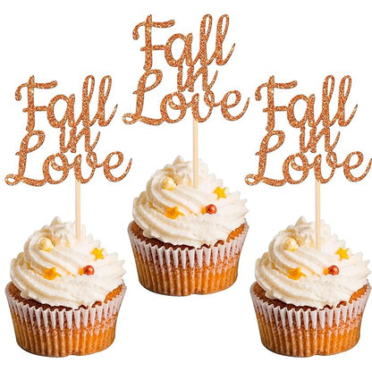 24 PCS Fall in Love Cupcake Toppers Glitter Fall Theme Bridal Shower Cupcake Picks for Autumn Wedding Engagement Anniversary Birthday Party Cake Decorations Supplies Orange