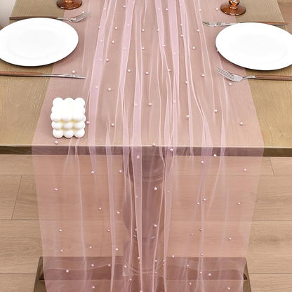 Joanlody Fall Pearl Table Runner 10ft Rustic Boho Tulle Table Runner with Pearls for Baby Shower Wedding Party Veil Dessert Thanksgiving Table Decor Dusty Rose 4pcs