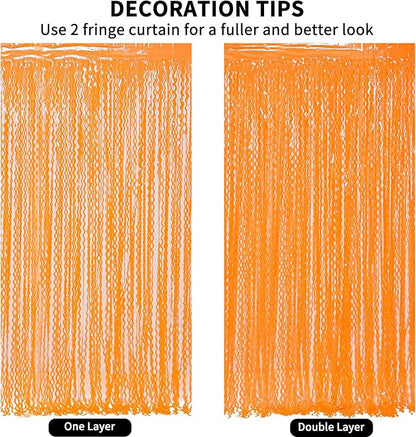 4 Pack Wavy Orange Foil Fringe Curtain Party Decorations - Orange Foil Backdrop Birthday Wedding Halloween Thanksgiving Friendsgiving Fall Party Decorations Supplies