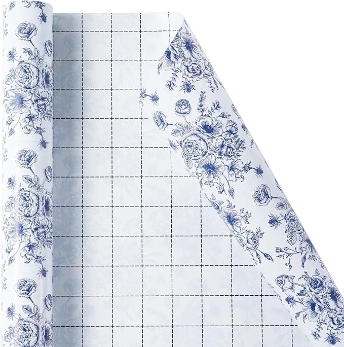 Ulmasinn Blue Floral Wrapping Paper Roll - 17 Inches x 33 Feet - Vintage Toile Blue Floral Design with Cut Lines for Upscale Gifts, Birthday, Bridal Shower, Wedding, Mother’s Day