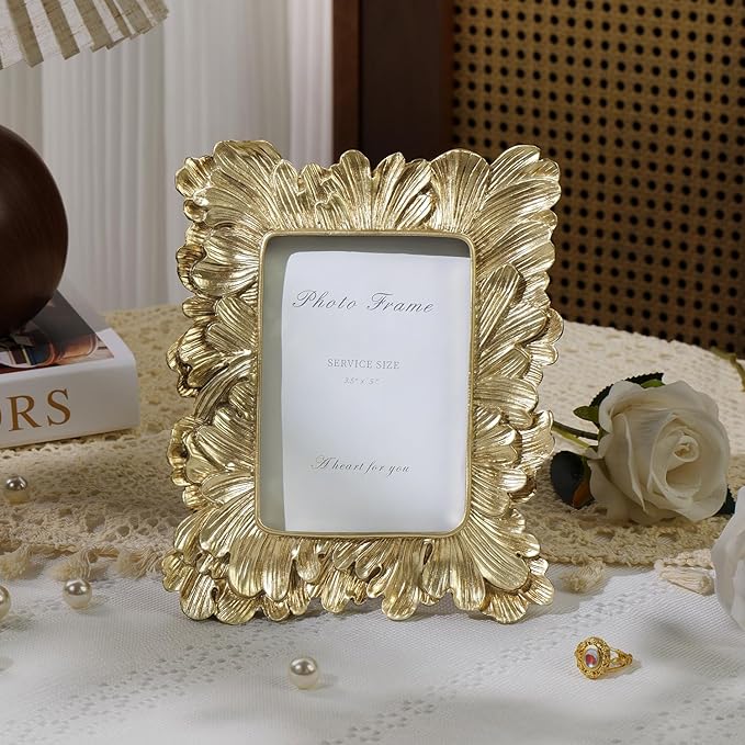 Cuspin Small Gold Picture Frame 3x5 Frames, Vintage Gold Palm Leaves Textured Hand-Crafted Resin with Glass Front Elegant Retro Vintage Design Photo Frame for Wall and Tabletop Display Home Decor