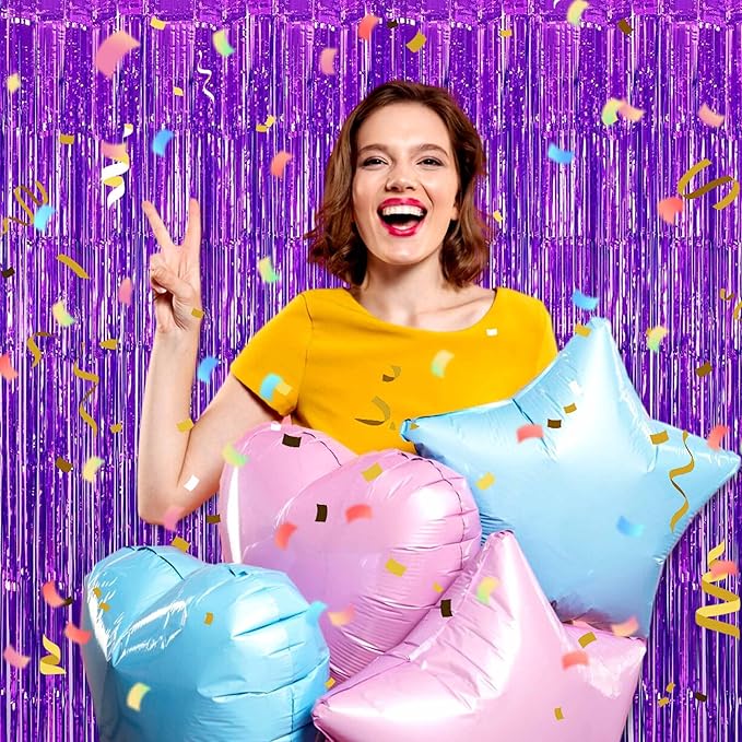 6 Pack Purple Foil Fringe Curtains Backdrop, 3.28 x 8.2 Ft Metallic Streamers Tinsel Curtains Background for Photo Booth, Birthday, Weddings, Carnivals, Graduation, Themed Party Decorations