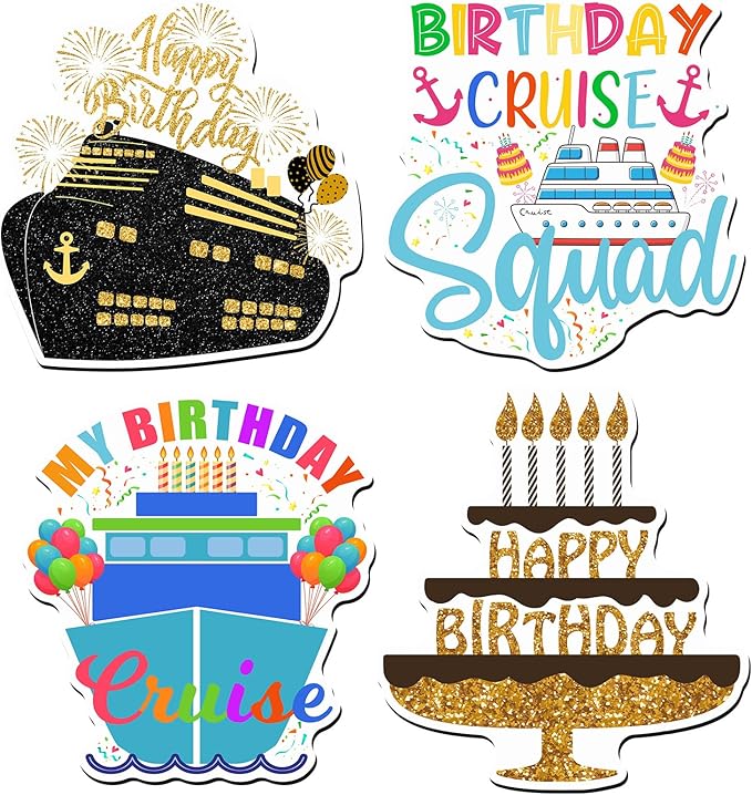 Hoteam 4 Pcs Birthday Cruise Door Decorations Magnetic Large Happy Birthday Cruise Ship Door Magnets Funny Waterproof Balloon Cake Nautical Magnets for Carnival Cabin Stateroom Fridge Car