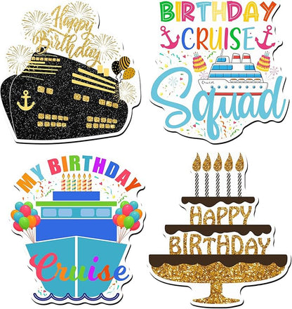 Hoteam 4 Pcs Birthday Cruise Door Decorations Magnetic Large Happy Birthday Cruise Ship Door Magnets Funny Waterproof Balloon Cake Nautical Magnets for Carnival Cabin Stateroom Fridge Car