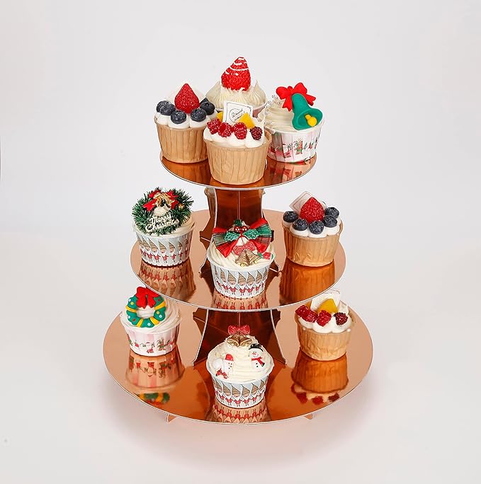 3-Tier Cupcake Stand, Rose Gold Cardboard Cake Stand holder, Tiered DIY Cupcake Stand Tower for Dessert Table Displays, Birthday Theme Party Favors Decoration, Floral Tea Party, 12" W x 12.8" H