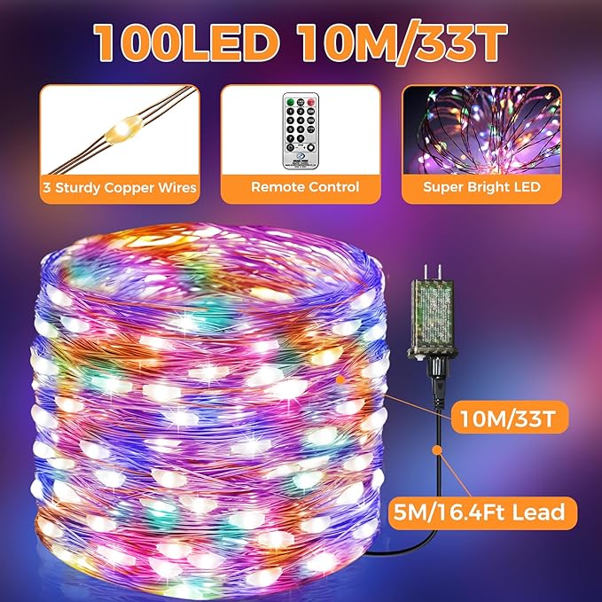btfarm Fairy Lights Plug in with Remote, 33FT 100 LED Outdoor Twinkle Lights Waterproof with Timer, 8 Modes Indoor String Lights for Bedroom Patio Garden Wedding Christmas Decoration, Multicolor