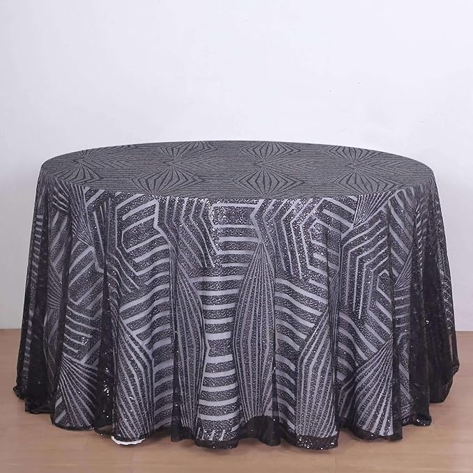 Efavormart 120" Black Sparkly Sequin Geometric Tulle Round Tablecloth