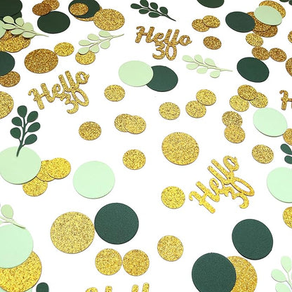 300PC Gold Glitter and Sage Green Happy 30th Birthday Decorations for Her/Him Greenery 30th Birthday Confetti for Table Thirty Party Decor Supplies