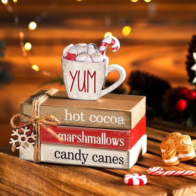 4 Pcs Christmas Table Decorations Winter Snowflake Tiered Tray Decorations Decorative Mini Wooden Books Subject Signs Block Centerpiece for Office Tabletop Shelf Housewarming Gifts