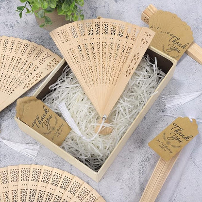 Aodaer 100 Pieces Wooden Folding Fan Sandalwood Folding Hand Fan Openwork Vintage Chinese Fan with White Tassel, Organza Bag and Greeting Cards for Wedding Birthday Party Favors Home Decorations