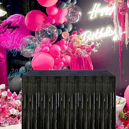 Black Streamers Party Decorations, 2 Packs Black Table Skirts Metallic Foil Fringe Tinsel for Graduation Birthday Wednesday Twilight Wizard Float Parade Halloween Party Supplies - 29x108 Inch