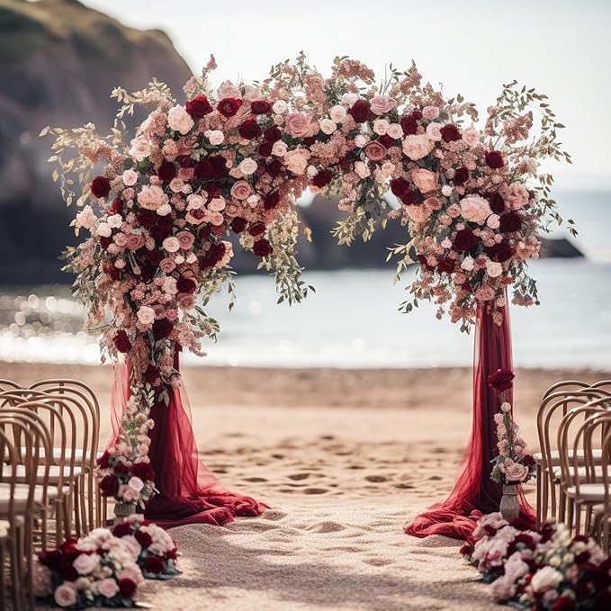Wokceer Wedding Arch Draping Fabric - 28.7" x 20FT Burgundy Sheer Drapes Backdrop for Wedding Ceremony, Birthday Party, Bridal Shower Decoration