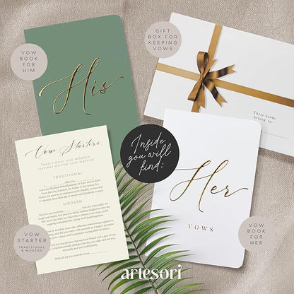 ARTESORI Wedding Vow Book for Her & Him, Soft Touch, Gold Engraving, 28 Lined Pages, Wedding Vow Books His and Hers, Wedding Essentials, Wedding Registry Gifts, His and Hers Gifts [White & Sage]