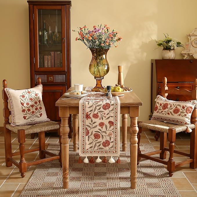 ISAENNE Designer Elegant Linen Table Runner 71 Inches Long,Vintage Orange Floral Pattern Table Runners for Dining Tables,Kitchen Decor,Thanksgiving,Christmas,Banquet,12"*71"-Alvarado A