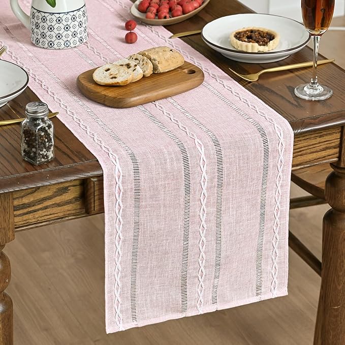 Artoid Mode Pink Rustic Cotton Linen Table Runner, Seasonal Embroidered Hollow Kitchen Dining Table Decoration for Home Party Decor 13x72 Inch