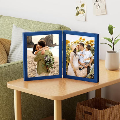 decorUhome Double 8x10 Picture Frame Vertical, Engineered Wood Bifold Photo Frame with Plexiglass for Tabletop Display, 8x10, Royal Blue