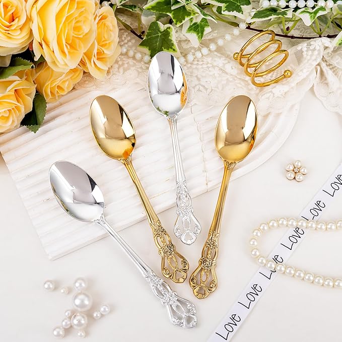75PCS Silver Plastic Spoons - Silver Spoons Disposable - 8.1 Inch Heavy Duty Plastic Silverware - Heavyweight Elegant Disposable Utensils for Catering, Parties, Dinners, Weddings
