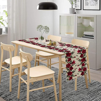Rose Table Runner, Retro Red Rose Flowers Green Leaves Valentine's Day Kitchen Dinning Table Runner for Indoor Outdoor Home Wedding Party Holiday, 13x108 Inch
