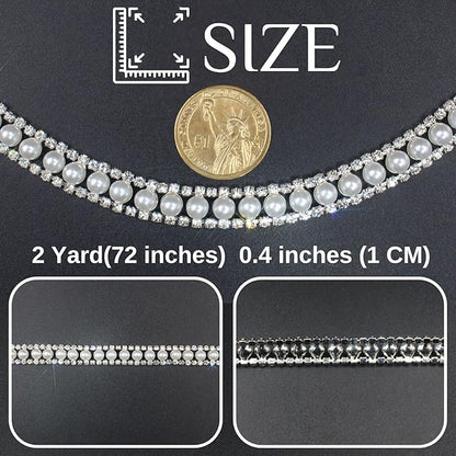 PEARLY JUN 1 Yard Pearl Rhinestone Trim Chain Silver Crystal Fringe Diamond Applique Ribbon String Tassel Strip (Silver-150, 2 Yards)