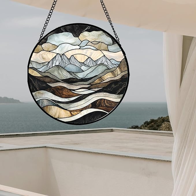 Stained Glass Window Hanging - Grey Mountains Landscape Suncatcher for Doors Garden Patio Retro Sun Catchers Decor Christmas Mother's Day Birthday Gifts for Women Men Mom Nana Friend 6.3 in