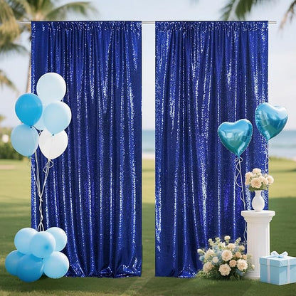 SquarePie Sequin Backdrop Curtain 8FT x 10FT Navy Blue Satin Backing Fabric Photography Background for Wedding Patry 4FT x 10FT 2 Panels