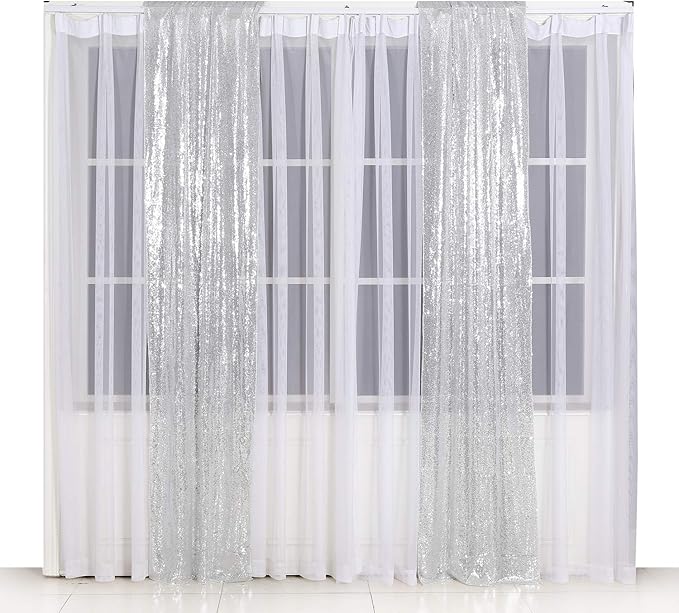 Poise3EHome Silver Sequin Backdrop Curtains,2ft x 8ft Sequin Photography Backdrop Curtain 2 Panels for Party Decoration