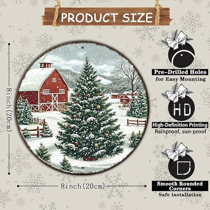 Round Christmas Trees Barn Metal Tin Sign Christmas Vintage Tin Sign for Kitchen Cafe Bar Farmhouse Home Wall Decor Art Winter Decoration 8 * 8 in