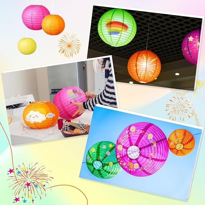 Riakrum 16 Pcs Neon Themed Paper Lanterns Birthday Party Decorations Mixed Size 6'' 8'' 10'' 12'' Colorful Chinese Hanging Paper Lanterns for Wedding Home Decorations Supplies
