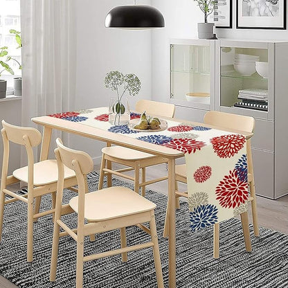 4th of July Table Runner, Blue Red Dahlia Flower American Patriotic Memorial Day Table Runner for Farmhouse Kitchen Dining Table Party Decor, 13x120inch