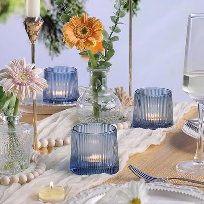 DARJEN Blue Ribbed Tealight Votive Candle Holders Set of 10- Votive Candle Holders for Table Centerpiece, Tea Light Candle Holder Glass for Wedding and Home Decor, Blue Decor and Gifts