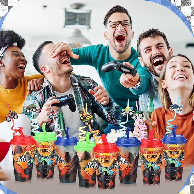 Yungyan 36 Sets Monster Truck Party Favors Goodie Cups with Lids and Straws for Birthday Decorations Reusable 16oz Plastic Candy Cups Plastic Straws for Birthday Party (Truck)