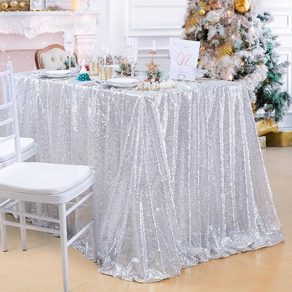 QueenDream Sequin Tablecloth 90x132 Inches Rectangular Silver Table Cloth Glitter Fabric Overlay for Wedding Birthday Bridal Shower Decorations