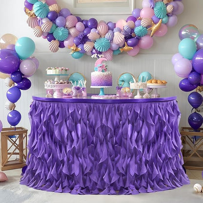 Partisky Mermaid Purple Tulle Curly Willow Table Skirt for Rectangle Table 6ft, Ruffle Tutu Table Cloth for Girls Boys Baby Shower,Mermaid Birthday Party