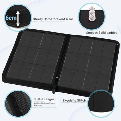 Trading Card Binder 12 Pocket, Zipper Binder Card Album Holds 720 Cards, 30 Pack Acid-Free Pages with Side Loading, Premium Leather Cover Card Folder for TCG/MTG/Sports Cards Collection, Black