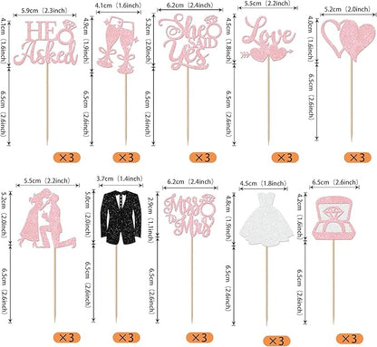 30 Pack Bride to be Cupcake Toppers Glitter Diamond Ring Love I Do Cupcake Picks Miss to Mrs He Asked She Said Yes Bridal Shower Wedding Engagement Bachelorette Cake Decorations Party Pink