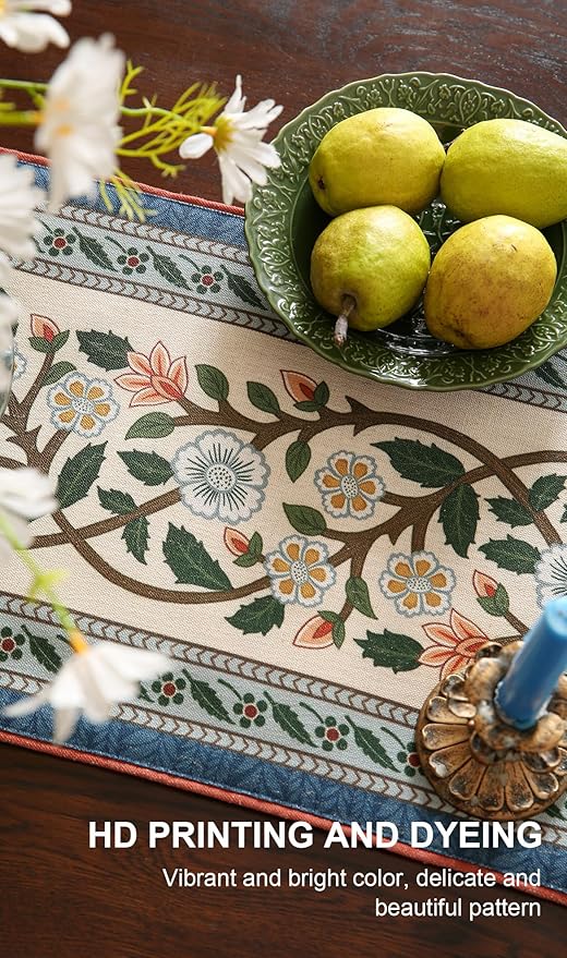 ISAENNE Designer Vintage Elegant Linen Table Runner 102 Inches Long,Colorful Flower Pattern Soft Table Runners for Dining Tables,Thanksgiving,Kitchen Tables,Christmas,12"*102"-Naples C