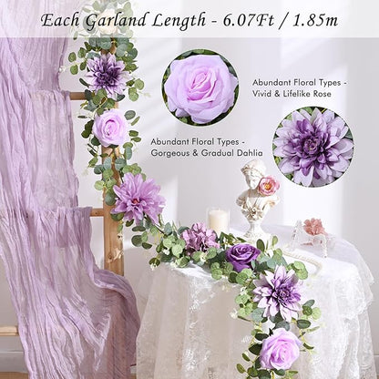 Waipfaru Flower Garland, 6.07Ft Eucalyptus Garland with Flowers, Silk Rose Floral Vines for Wedding Reception Table Mantle Decor (Purple)