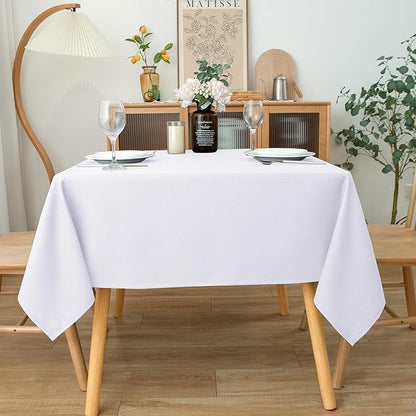 Biscaynebay Fabric Tablecloths 60x108 Inches Rectangular, White Water Resistant Tablecloths for Dining, Kitchen, Wedding and Parties etc. Machine Washable