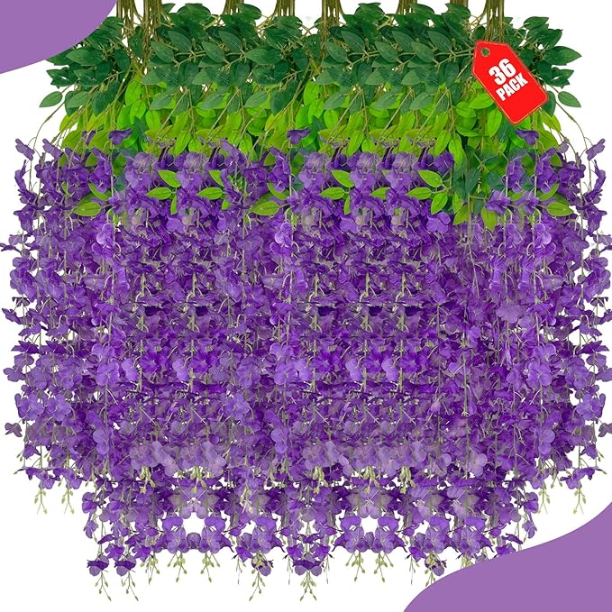 36 Pack Purple Wisteria Hanging Flowers, 3.44 Ft Fake Hanging Flowers, Artificial Wisteria Garland Vines for Wedding Room Backdrop Outdoor Patio Garden Decoration