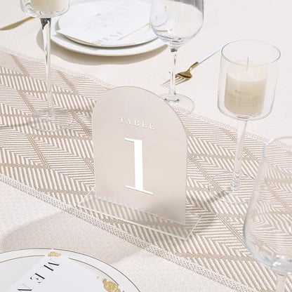 UNIQOOO Frosted Arch Wedding Table Numbers with Stands 1-30, 5x7" Acrylic Display Signs and Holders, Pack of 30, Perfect for Centerpiece, Reception, Decoration, Party, Anniversary, Event