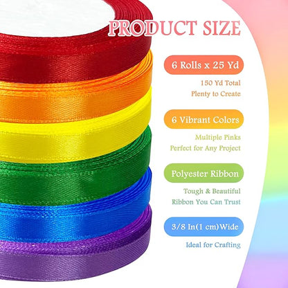 3/8" 6 Colors X 25 Yards Rainbow Satin Ribbon,150 Yards Assorted Colors Satin Ribbons for Flower Bouquet,Ribbons for Gift Wrapping Happy Birthday Party Decorations