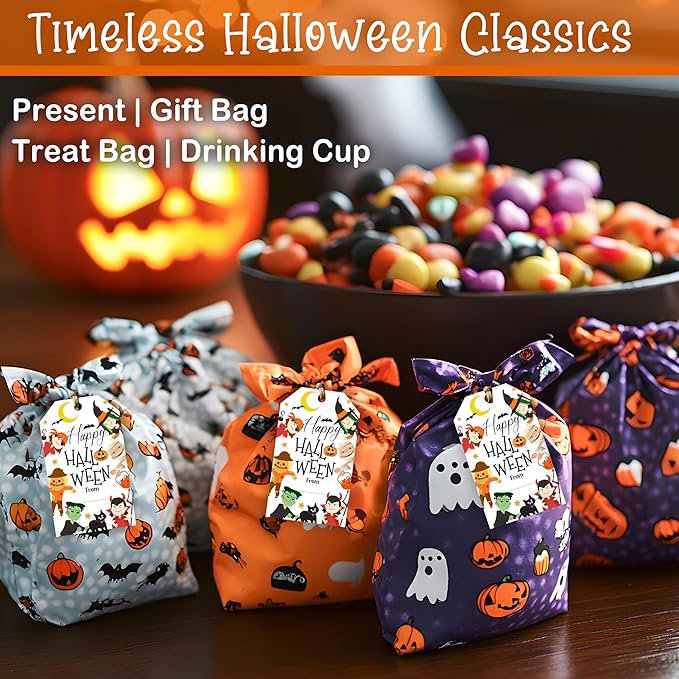 50 Pcs Halloween Tags with String, 2.1"×3.5" Pumpkin Paper Gifts Tags, Ghost Trick or Treat for Candy, Black Cat Happy Halloween Gifts Tag Wrap for Party Favor - B02