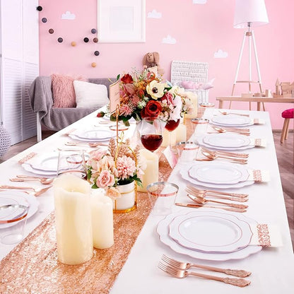 NOCCUR 175PCS Rose Gold Plastic Plates with Disposable Silverware - Include 25Dinner Plates, 25Dessert Plates, 25Forks, 25Knives, 25Spoons, 25Cups, 25Napkins for Wedding&Party