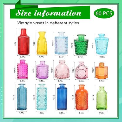 Yaomiao 60 Pcs Vases Bulk Colored Flower Glass Vases Bud Vintage Colored Glass Bottles Colorful Rustic Embossed for Home Wedding Table Decorations Gifts(Vivid Color)