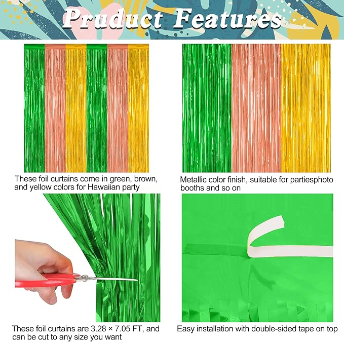 2 Pack Luau Decorations, 3.28 FT x 7.05 FT Summer Party Streamer, Green Brown Yellow Backdrop Tinsel Curtains Fringe Curtains, Metallic Hawaiian Supplies Aloha Party Decor