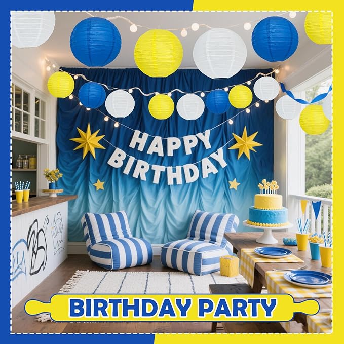 12Pcs Blue and Yellow Party Decorations Hanging Round Paper Lanterns Assorted Sizes (8" 10" 12") for Graduation Birthday Wedding Dinner Party Baby Shower BBQ Decor (Blue Yellow White)