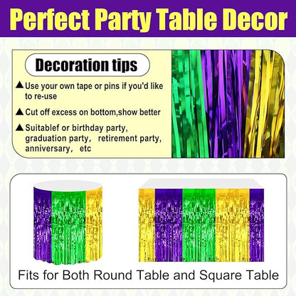 3 Pack 29x108 Inch Gold Green Purple Foil Fringe Table Skirts Metallic Banner for Tinsel Streamer Garland Backdrop for Parade Floats Wedding Thanksgiving Birthday Christmas Halloween Party Decoration