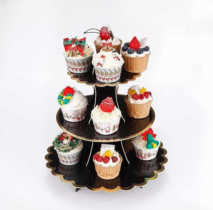 3-Tier Cupcake Stand, Lace Trim Cake Stand Holder, Tiered DIY Cupcake Stand Tower for Dessert Table Displays, Birthday Theme Party Favors Decoration, Floral Tea Party, 12" W x 12.8" H, Black